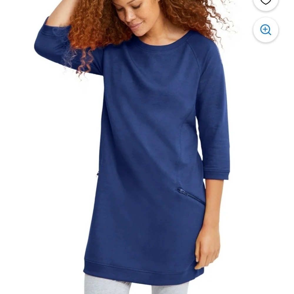 ellos Plus Size French Terry Zip Pocket Tunic Top 14/16 Blue, 3/4 Sleeves​​​